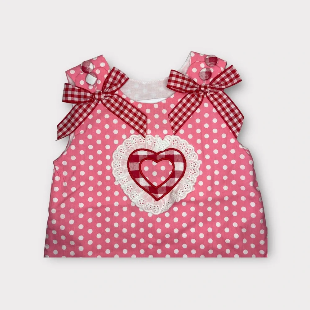 Lil Cactus Polkadot Heart Eyelet Trim Pink Pinafore Dress